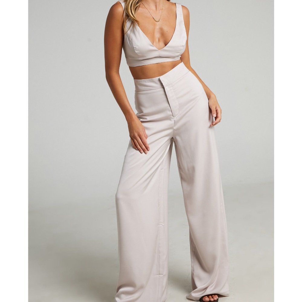 Showpo Alexandra Two Piece Pant Set in
Champagne Satin
